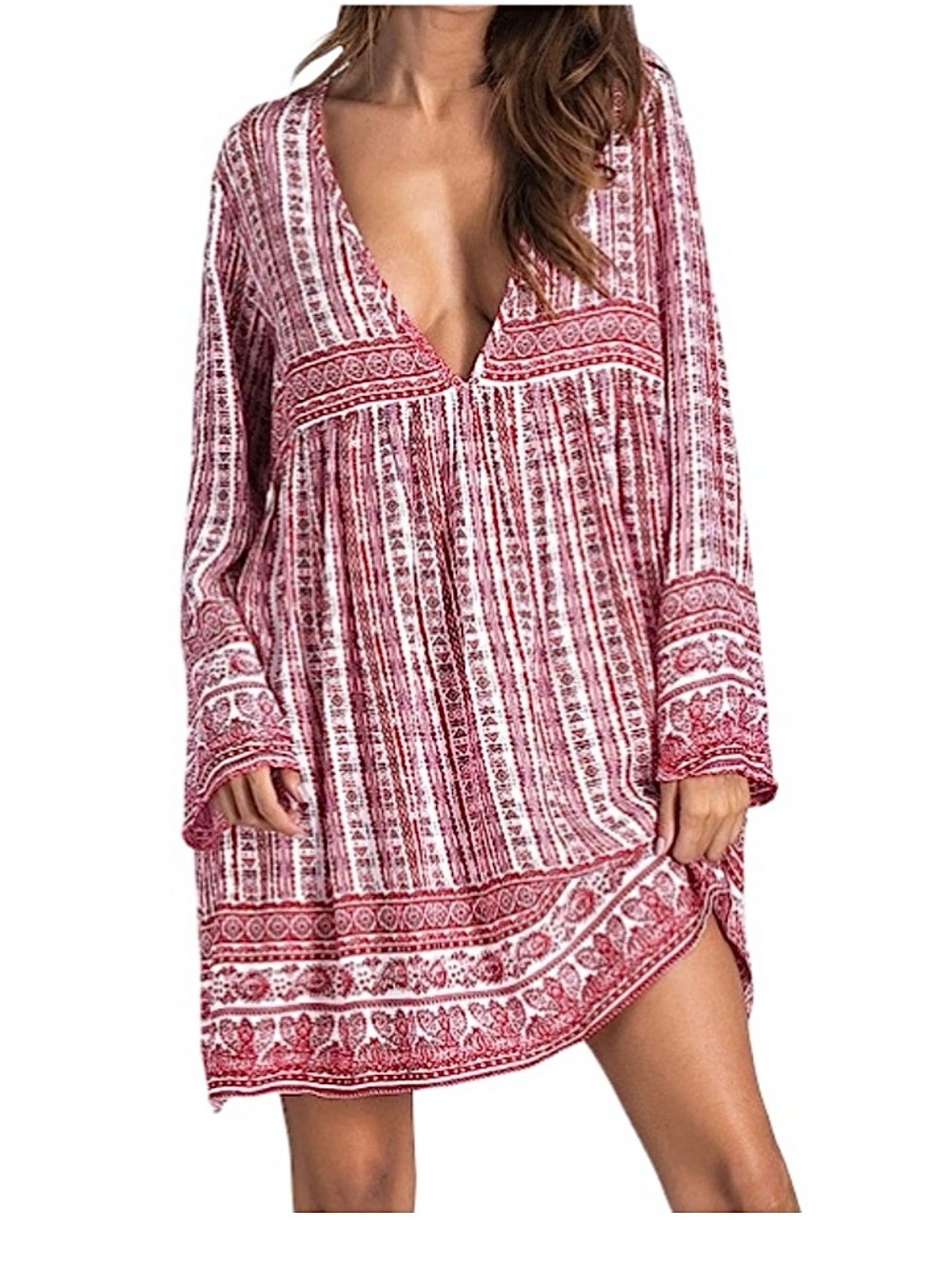 KIDS FORM ~ Red/White Slightly Sheer Bell-Sleeve Keyhole Back Boho Dress